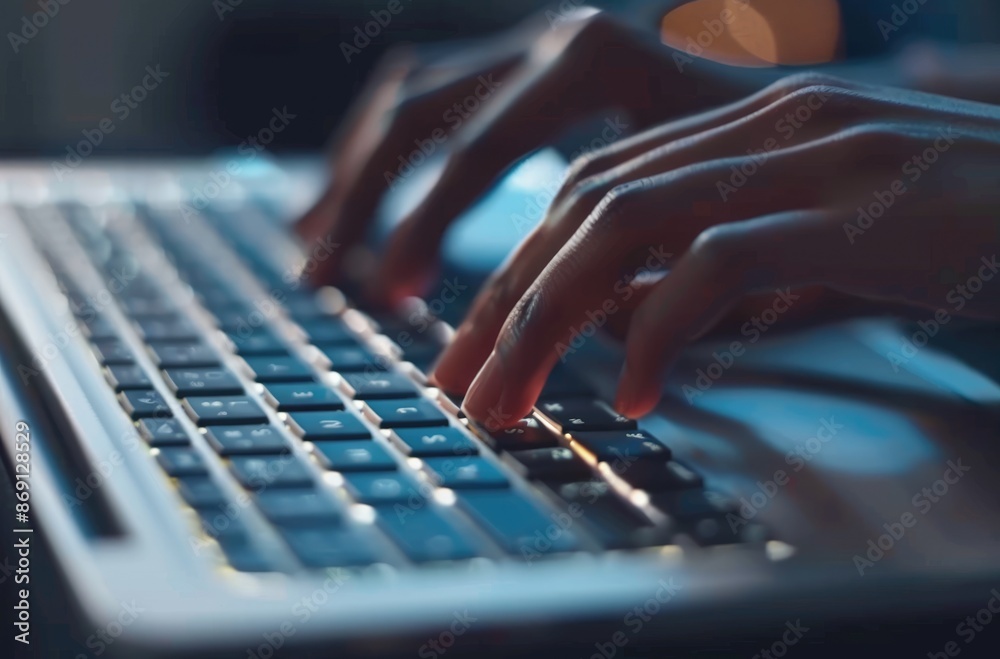 Poster closeup image of hands typing on a laptop keyboard with ambient lighting, illustrating computer work