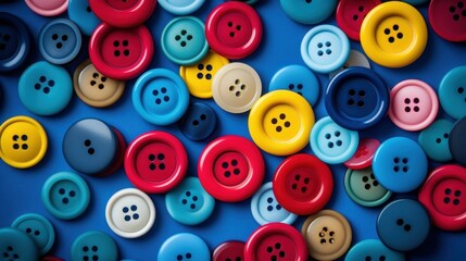 Fototapeta premium Vibrant assortment of buttons on blue background, perfect for sewing and crafting.