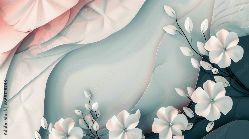Poster Minimalist floral design with white geometric flowers and abstract shapes in soft pastel tones, perfect for modern architecture or design studios. Generative AI