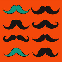 Numerous types of mustaches shown on a bright orange background
