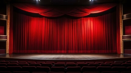 Stunning red velvet theater curtain hanging on stage with dramatic lighting in empty theater.