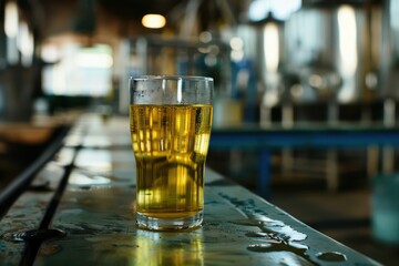 Beer or sider glasses on background of brewery production equipment. Generative AI