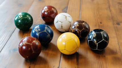 Show your team spirit with multiple soccer balls on a rustic wooden floor.