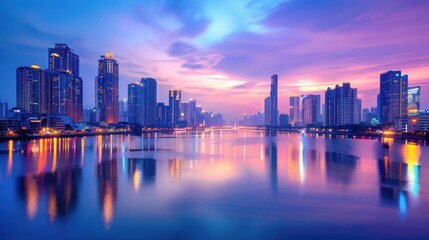 Fototapeta premium A bustling city skyline at dusk with skyscrapers reflecting in a calm river, the sky in hues of blue and purple, and lights twinkling in the windows, creating a stunning and vibrant urban landscape