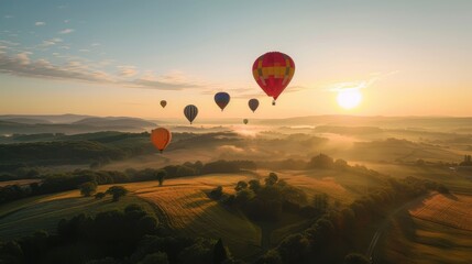 Fototapeta premium A hot air balloon ride over a scenic landscape with fields and forests below, multiple colorful balloons floating in the sky, and the sun rising or setting on the horizon, creating a breathtaking and