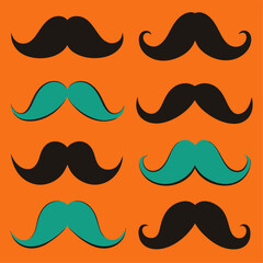 There are different types of mustaches against an orange backdrop