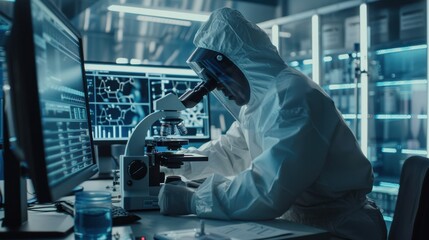 The scientist using microscope