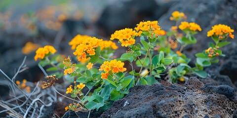 Yellow flower blooms on Galapagos Island draw finches to diverse wildlife. Concept Galapagos Island, Yellow Flowers, Wildlife Diversity, Finch Behavior, Nature Photography