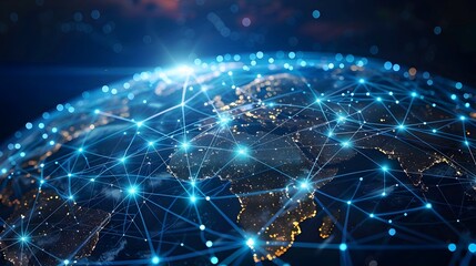 Obraz premium Digital Global Network and Connectivity Concept on Nightscape World Globe with Bright Lights