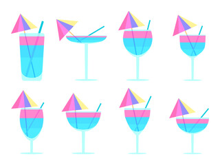 Glass with umbrella and straw icon set isolated on white background. Collection of colorful cocktails in a glass. Tropical striped cocktail in a glass with an umbrella and a straw. Vector illustration