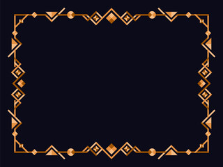 Frame in art deco style in gold color. Vintage linear border. Elegant vintage frame in minimalist style on a black background. Frame design for invitations, flyers and banners. Vector illustration