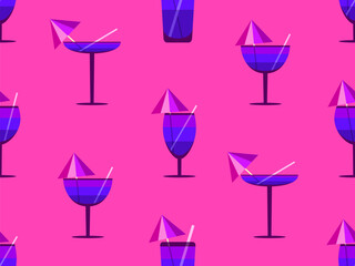 Glass with umbrella and straw seamless pattern. Multi-colored cocktail in a glass. Tropical striped cocktail in a glass with an umbrella and a straw. Design for banner and cover. Vector illustration
