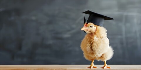 Comical and whimsical image of a chicken wearing a graduation cap in a classroom with a blackboard. Concept Funny Chickens, Graduation Cap, Classroom Setting, Whimsical Theme, Academic Poultry