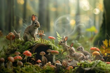Several cute rabbits are sitting amidst the trees in a forest, Adorable animals in a charming forest setting