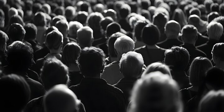 Crowd of anonymous people in black and white evoking depersonalization and anonymity. Concept Black and White Photography, Depersonalization, Anonymity in Crowds
