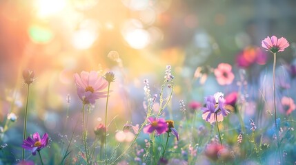 flower field, wildflowers in the foreground, soft light, sun glare