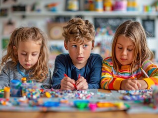 Fototapeta premium Three children enjoying creative arts and crafts with colorful beads at a table, focused and engaged in their activity.