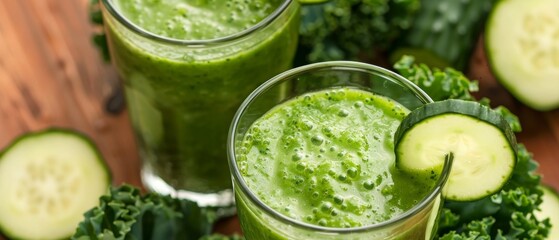 green smoothies with fresh kale and green leaves. healthy food background concept.