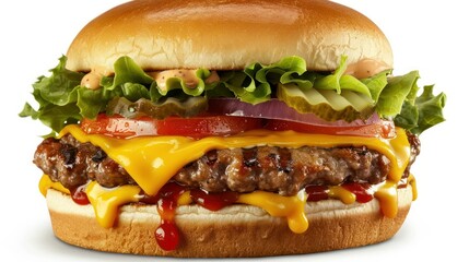 Delicious cheeseburger with fresh lettuce, tomato, pickles, and onion, topped with melted cheese and condiments on a soft bun.