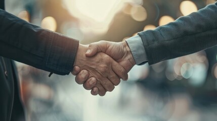 Close-up of two individuals in formal attire shaking hands, symbolizing business partnership, agreement, and teamwork with blurred background.
