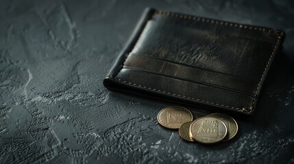 black leather wallet with coins on a dark background 