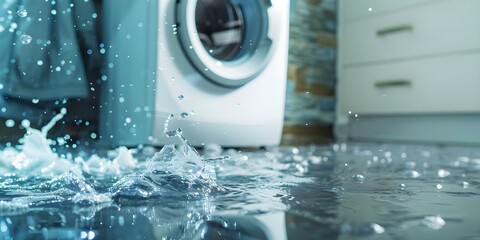 Residential washing machine leaking prompts need for repair service. Concept Appliance Repair, Washing Machine, Leaking Issue, Residential Service, Prompt Repairs
