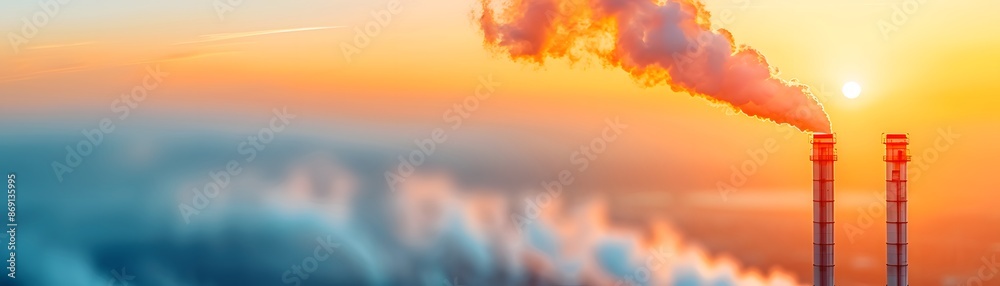 Wall mural two industrial chimneys releasing smoke into the air during a colorful sunset, symbolizing pollution