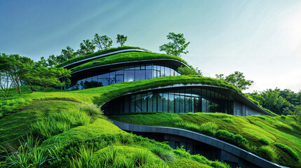 Fototapeta premium Modern Eco-Friendly Building with Green Roofs and Lush Vegetation in a Natural Landscape