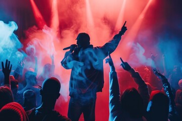 Rapper with raised hand amid smoke effects on stage.
