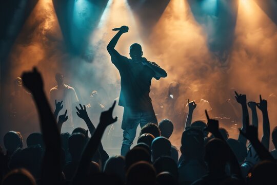 High-energy rapper captivating audience on stage.