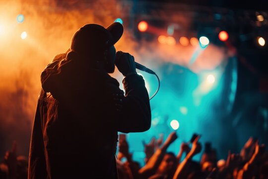 Energetic rapper on stage engaging with the crowd.