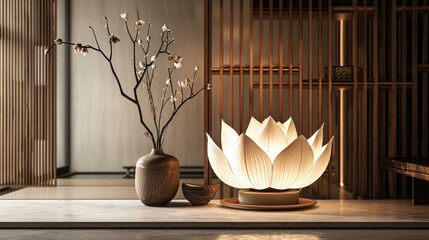Artistic lotus-shaped light creates a calming ambiance against a cool backdrop