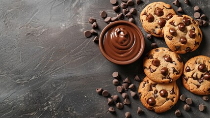 Obraz premium Chocolate chip cookies with a bowl of chocolate dipping sauce and scattered chocolate chips on a dark background.