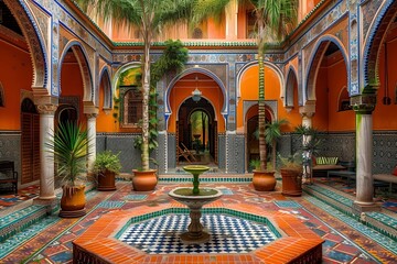 Obraz premium Colorful traditional Moroccan style courtyard with water fountain and palm trees in an old historic house, vibrant colors and patterns on the walls and floor tiles, traditional seating area with chair