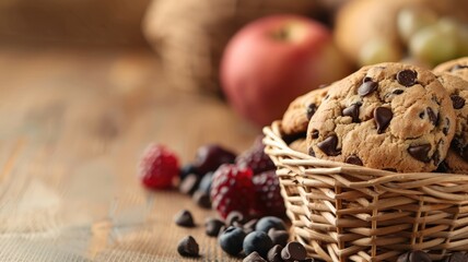  Freshly baked chocolate chip cookies in a woven basket, surrounded by assorted fruits on a wooden table.