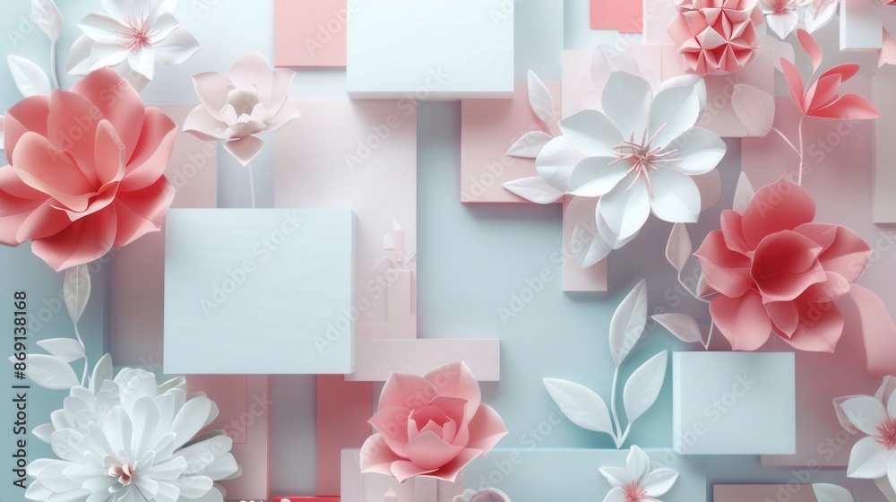 Fototapete a contemporary and clean design featuring minimalist geometric floral patterns with pastel colors, p