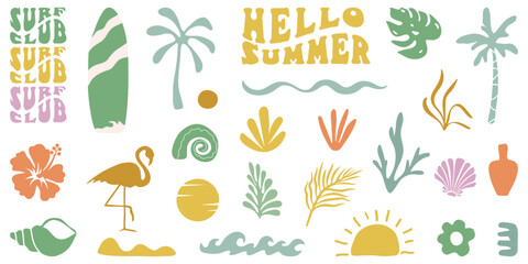 Retro Groovy Surf Club in trendy Boho style. Naive Geometric Summer Palm Tree. Simple background of sun sea. Retro Summer Beach Hand Drawn isolated illustration. Vintage Surf Club. Vector illustration