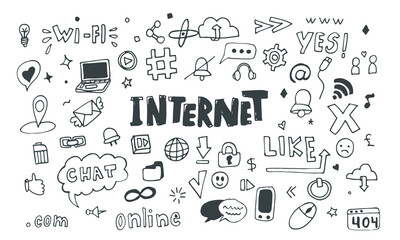 Internet doodle design elements, vector illustration set isolate on white background, various internet and social media elements , hand drawn doodle style illustration for your design.