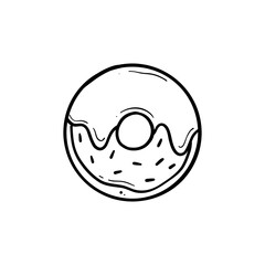 melted glazed donut with glaze topping and sprinkles top view hand drawn doodle line art illustration vector black line on white isolated background