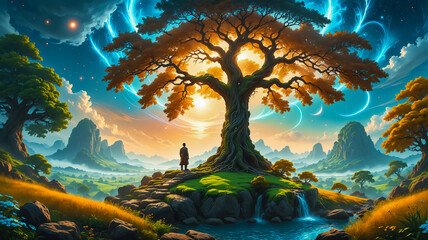 a man stands under a tree from which a magical glow emanates