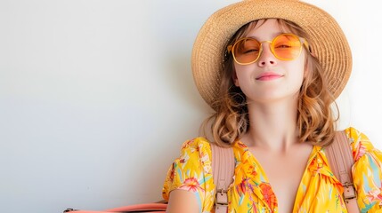 a woman on holiday on summer vacation. travel concept, isolated on white.
