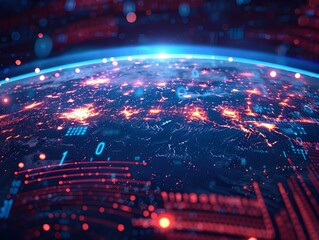 Obraz premium Vibrant Digital Globe Depicting Global Connectivity Data Exchange and Cyber Technology