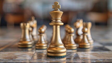 Fototapeta premium Golden King Chess Piece on a Marble Board