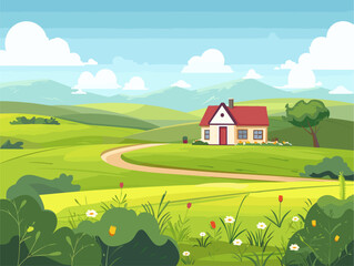 Fototapeta premium Tranquil Rural Haven: A Farmer's Dream Home Amidst Picturesque Fields and Hills