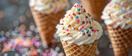 Naklejka premium Creamy Vanilla Ice Cream Cone with Vibrant Toppings in Sharp