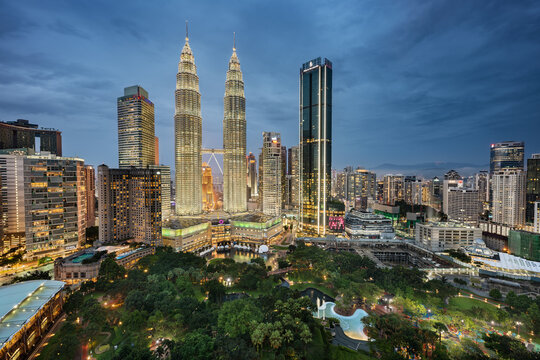 Kuala Lumpur, Malaysia - October 28, 2019: Kuala Lumpur skyline with Petronas Twin Towers and the others skyscrapers of KLCC district taken at dusk