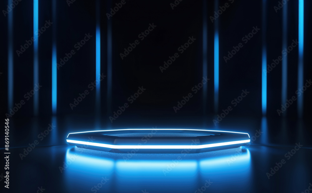 Aufkleber illuminated hexagonal platform with blue neon lights on a dark background. futuristic digital design