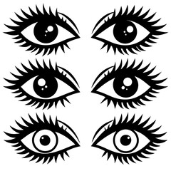 A set of six eyes with long eyelashes on a white background