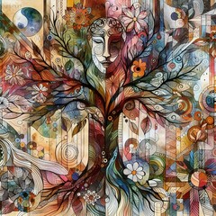 Fototapeta premium Floral Tree Collage: A Mythical Portrait with Bold Lines and Beautiful Colors, Set Against an Abstract Background