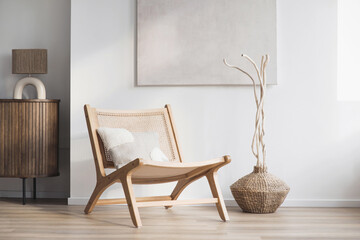 View of modern scandinavian style interior with chair and trendy vase, Home staging and minimalism...